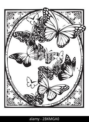 Several black and white butterflies fringed by an ornamental oval frame on a white background Stock Vector