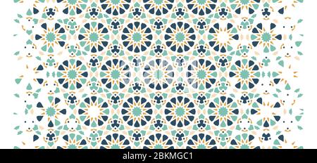 Islamic, arabic mosaic repeating vector border, pattern, background. Geometric halftone pattern with color islamic arabesque disintegration Stock Vector