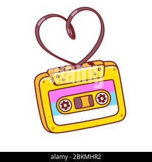 Cartoon retro audio cassette with tape in heart shape. 80s love songs mixtape. Bright comic style clip art illustration. Stock Vector