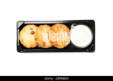 Cheesecakes in take away box isolated on white background Stock Photo