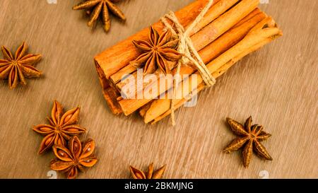 Cinnamon and star anise on wooden background, Herbs and Spices over wooden background Stock Photo
