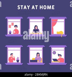 Stay home concept. People were seen from apartment window. Windows with people inside their houses. people do enjoy coffee, online study. Stock Vector