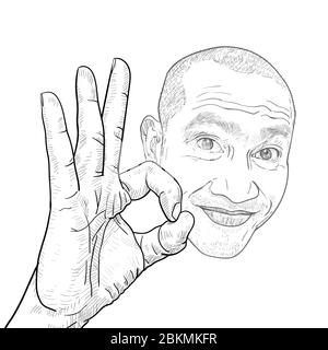 Drawing funny portrait of Asian guy showing OK hand sign on white background. vector illustration. Stock Vector