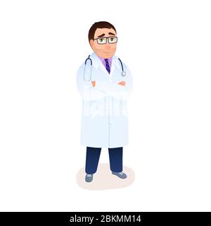 Young Caucasian handsome male medicine doctor assistant standing in white lab coat stethoscope arms crossed isolated on white background. Smiling cart Stock Vector