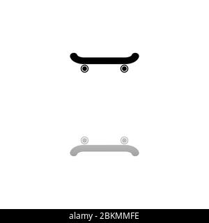 Skateboard. Black symbol on white background. Simple illustration. Flat Vector Icon. Mirror Reflection Shadow. Can be used in logo, web, mobile and UI Stock Vector