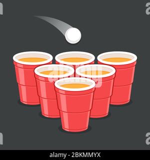 Red Beer Pong plastic cups with ball. Traditional drinking game vector illustration. Stock Vector