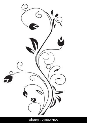 Black and white abstract, floral drawing, with twisted twigs with leaves and buds Stock Vector