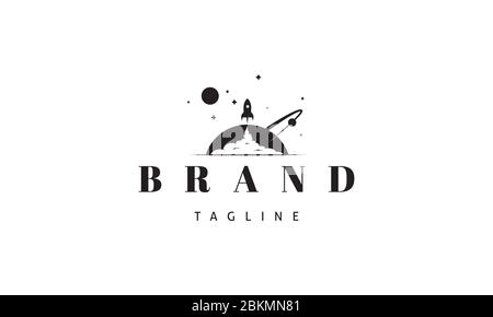 Vector logo on which an abstract image of a rocket taking off against the backdrop of a huge planet with an orbit. Stock Vector