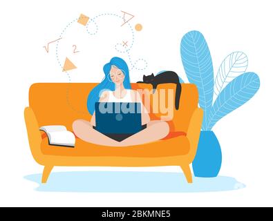 Girl learning from home online. Stock Vector