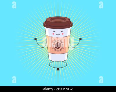 Morning meditation with coffee cup. Cartoon cute character and mascot for cafeteria. Coffee to go. Latte, cappuccino, americano, espresso. Yoga, levit Stock Vector
