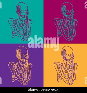 Spooky vintage pattern with colorful screaming skeletons in pop art style Stock Vector