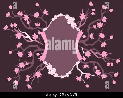 elegant purple frame template for greeting card with blooming sakura branches in purple tones Stock Vector