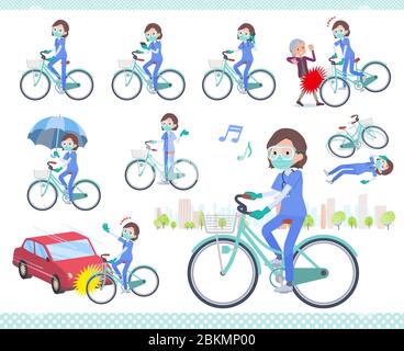 A set of women doctors wearing a surgical mask and goggle riding a city cycle.There are actions on manners and troubles.It's vector art so it's easy t Stock Vector