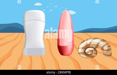 mock up illustration of couple beauty product on wooden table surface Stock Vector