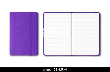 Purple closed and open lined notebooks mockup isolated on white Stock Photo