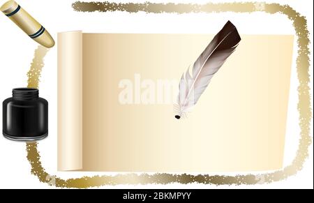 an art of writing with ink pot and old feather Stock Vector