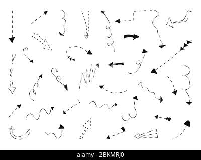 Handdrawn black point line arrows set. Doodle left right down direction sign. Sketch curve dotted zigzag arrow symbol. Business growth up graphic design elements. Isolated on white vector illustration Stock Vector