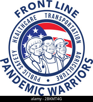 Mascot icon illustration of American front line pandemic warriors like the medical professional, nurse, doctor, healthcare  or essential worker wearin Stock Vector