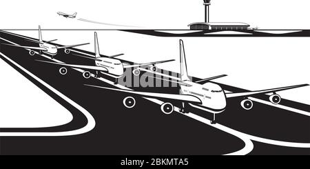 Aircrafts ready for take off from airport - vector illustration Stock Vector