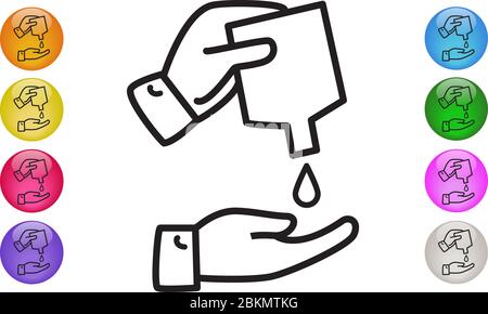 Washing, Disinfecting hands with liquid soap. Hand sanitizer gel pump dispenser icon. Vector illustration EPS 10 Stock Vector