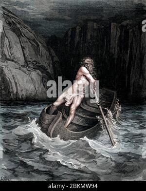 Machine colorized with Artificial Intelligence (AI) Charon the Ferryman crossing the River Achero From the Divine Comedy by 14th century Italian poet Dante Alighieri. 1860 artwork, by French artist Gustave Dore and engraved by Stephane Pannemaker, from 'The Vision of Hell' (1868), Cary's English translation of the Inferno. Dante wrote his epic poem 'Divina Commedia' (The Divine Comedy) between 1308 and his death in 1321. Consisting of 14,233 lines, and divided into three parts (Inferno, Purgatorio, and Paradiso), it is considered the greatest literary work in the Italian language and a world m Stock Photo