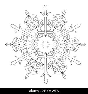 Symmetrical snowflake contour, black line on white background Stock Vector