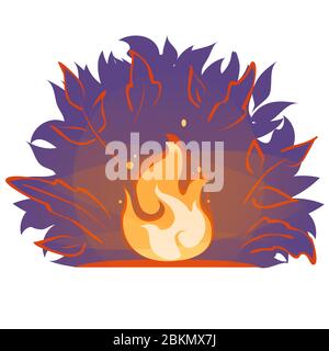 Campfire Vector flat cartoon illustration. Fire flame in forest at night. Bonfire Light banner sticker isolated on white background. Summer fireplace evening silhouette icon. Wildfire sign emblem. Stock Vector