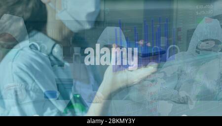 Digital illustration of a doctor wearing a mask, talking on a phone over scientist Stock Photo