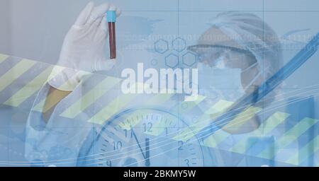 Digital illustration of a scientist holding a test tube over a a clock, data processing Stock Photo