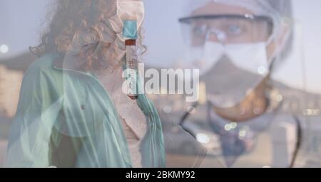 Digital illustration of a scientist holding a test tube over a woman walking Stock Photo
