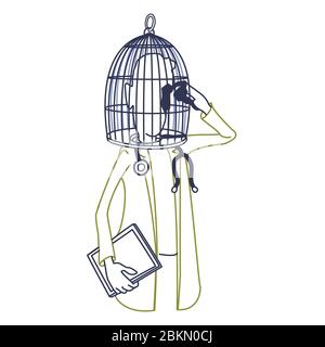 Doctor with head in a bird cage Stock Vector