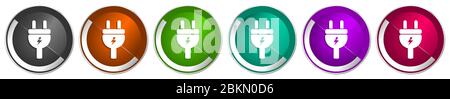 Eletricity icon set, energy, power, plug silver metallic chrome border vector web buttons in 6 colors options for webdesign Stock Vector
