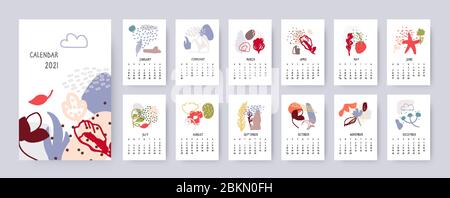 Abstract floral calendar 2021 year. Creative modern template set. Organic different shapes objects with spots, dots, lines. Simple decorative design from doodle elements. Isolated vector illustration Stock Vector