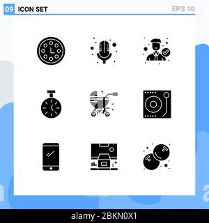 Pictogram Set of 9 Simple Solid Glyphs of baby, count, employee, timer, stopwatch Editable Vector Design Elements Stock Vector