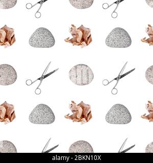 Stone, paper, scissors game set white background isolated closeup,  rock-paper-scissors play, question & answer concept, choose problem solution,  decision choice, make wish, desire symbol, dispute sign Stock Photo