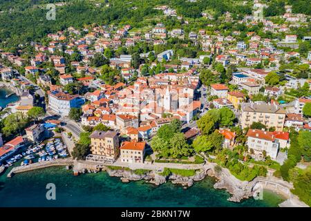 Croatia, Adriatic coastline in Kvaarner bay, beautiful old town of Lovran, historic center and coastline aerial view Stock Photo