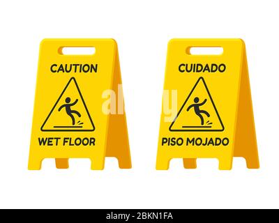 Caution Wet Floor and Cuidado Piso Mojado warning sign in English and Spanish. Traditional yellow board, cleaning equipment. Isolated vector clip art Stock Vector