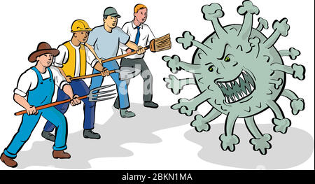 Cartoon style illustration of a farmer, construction worker, cleaner and office workers united together fighting an angry and aggressive covid-19 or c Stock Vector