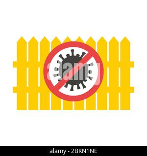 Stop coronavirus concept vector illustration. Yellow fence with prohibition sign. Barrier for infection transmission. Stock Vector