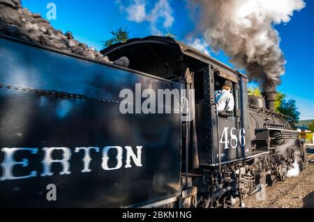 K-36 class no. 486 leaving Durango station on the Durango & Silverton Narrow Gauge Railroad, Colorado, USA. Stock Photo