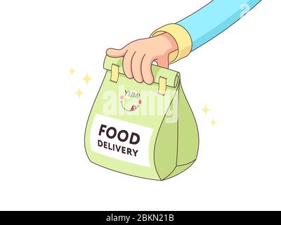 Online food delivery. Courier delivers paper package with foodstuff. Fast delivery service. Human cartoon hand conveys packet with products. Vector il Stock Vector