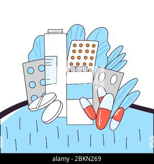 Vector flat illustration medical drugs, pill, capsules with vital elements for human health. Medicine pharmaceutical treatment concept of different Stock Vector