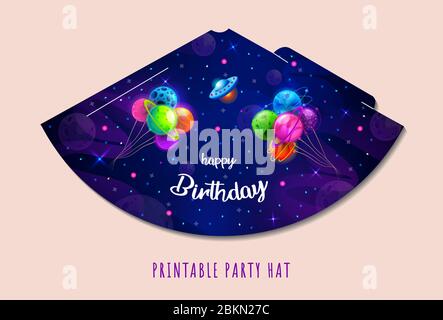 Party hats printable. Space party. Print and cut. Happy birthday elements. Vector set of cones template to head for holiday. Stock Vector