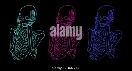 Spooky illustration with three colorful screaming skeletons on black background Stock Vector