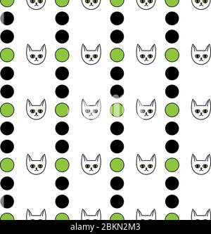Cute seamless pattern with cat faces and black and green circles Stock Vector