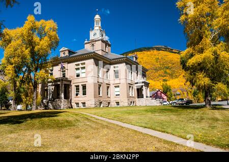 The San Juan County Courthouse in Silverton, Colorado, USA with fall foliage. Stock Photo