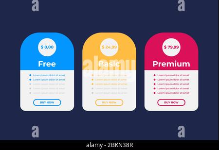 Vector pricing table for websites and applications. Stock Vector