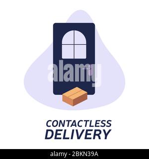 Contactless delivery left at the door during the quarantine. House entrance with delivered box. Control Epidemic Prevention measures of coronavirus. V Stock Vector