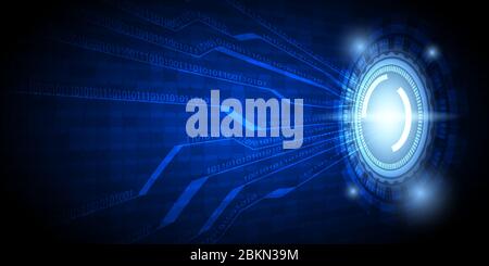 abstract dark blue technology background with hi-tech style circle, glowing sparkle effect, circuit pattern and binary number. Stock Vector