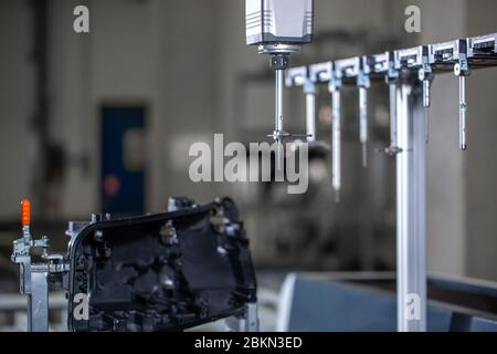 Close up of 3D dimension measurement plastic parts by CMM, 3D automatic measuring system Stock Photo